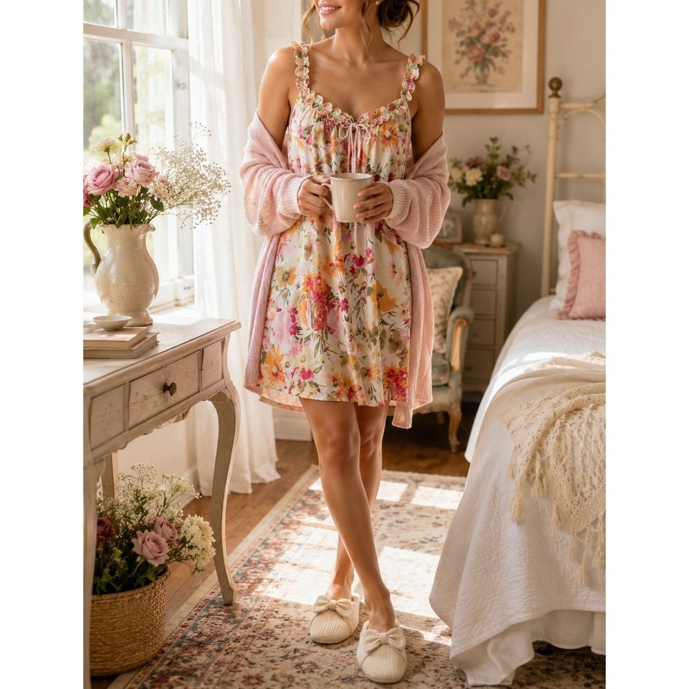 Morgan Taylor Intimates Floral Chemise Nightgown Slip Dress Size Small Ruffles